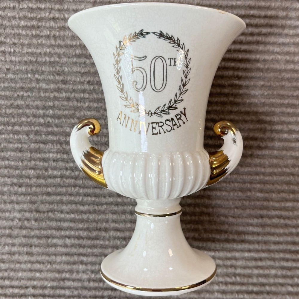 Lefton Japan 50th Anniversary Ceramic Trophy Vase Gold Trim Cream Urn Vintage